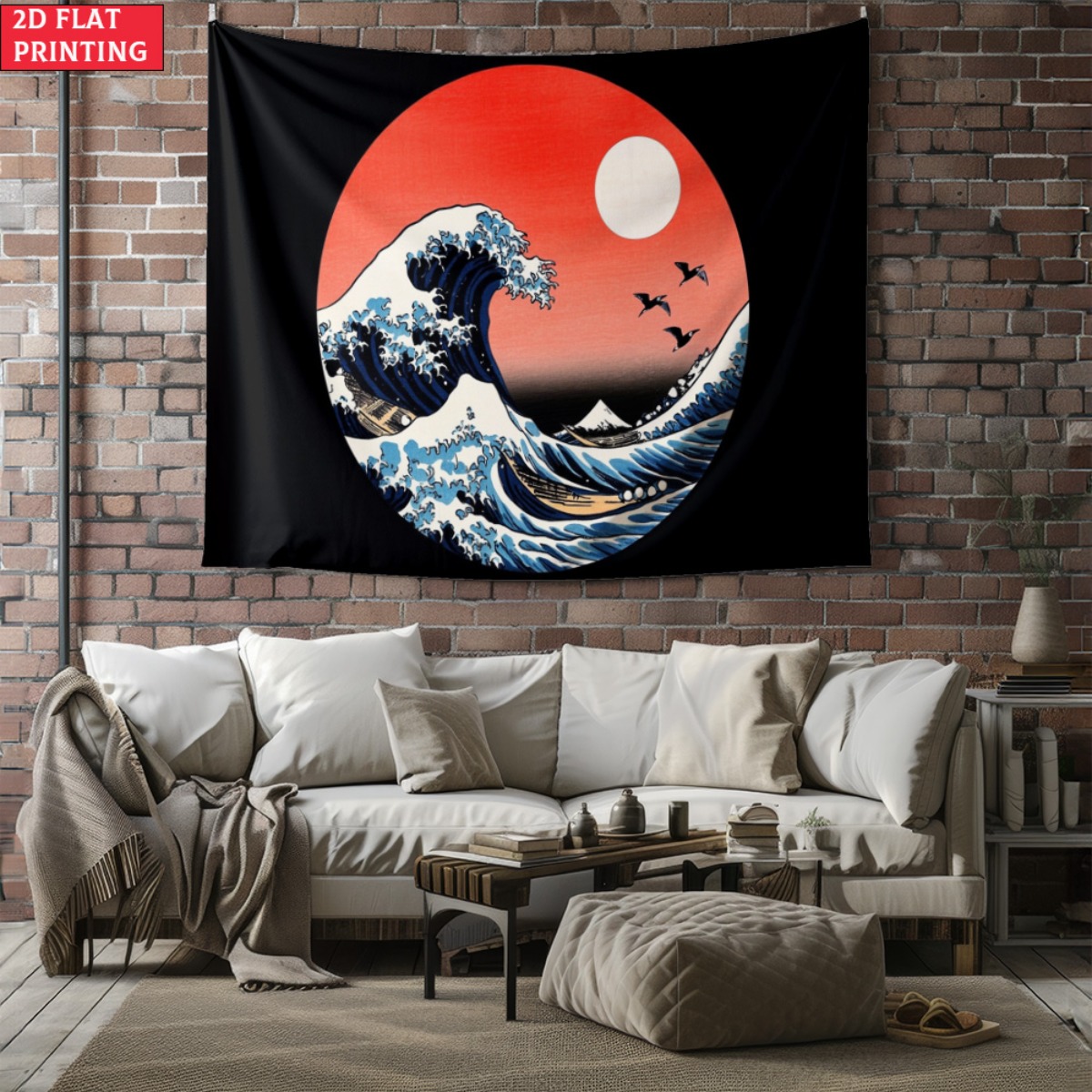Interior Design Zen Style - unframed Japanese Wave Sunset Tapestry Hokusai
